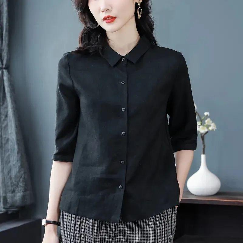 Spring Women Pink Linen Blend Button Up Collared Blouse