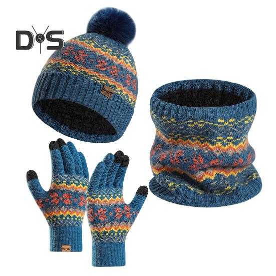 

3 шт./комплект унисекс зимняя шапка шарф перчатки комплект толстый плюшевый мяч декор вязаная теплая шапка перчатки эластичный сенсорный экран ветрозащитный зимняя на открытом воздухе велоспорт озеро синий