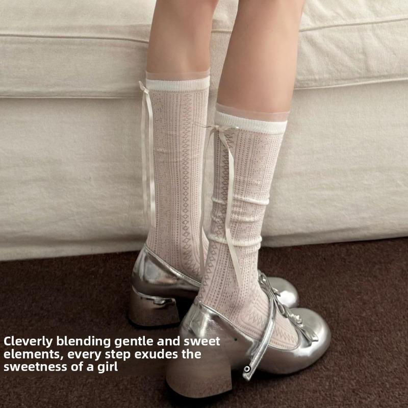 Short-sleeved Summer Lightweight Stockings for Women with Bow Ribbons At The Back of The Heel - A Sweet Long Stocking.