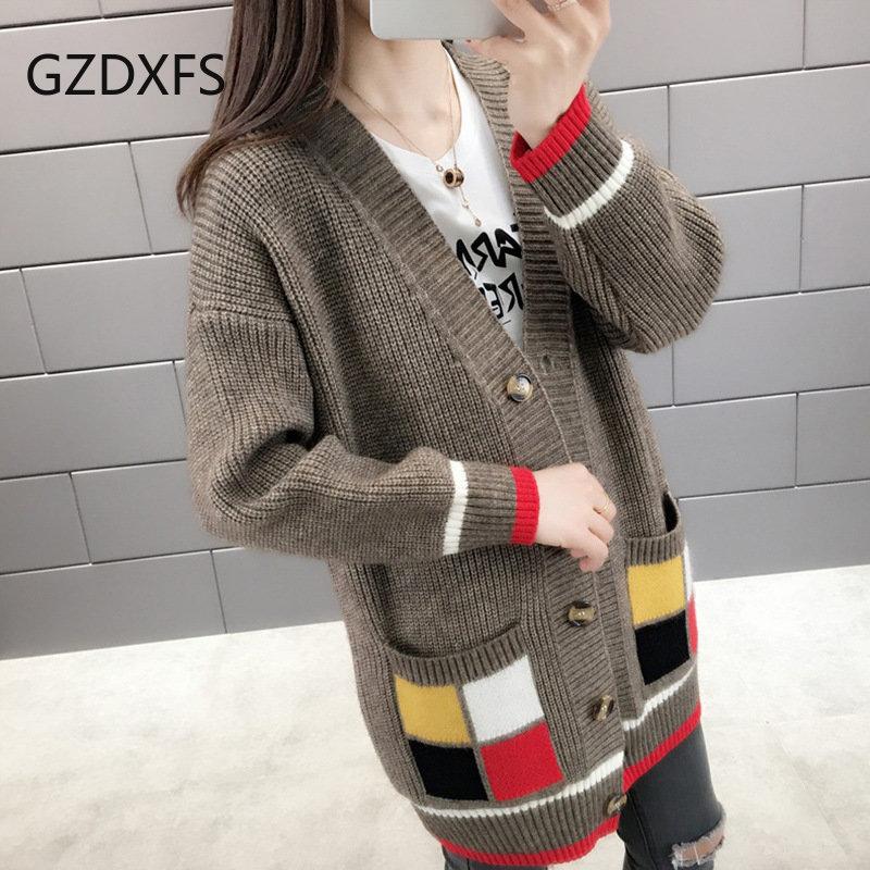 

Осень и зима, новый свободный женский свитер миди с v-образным вырезом, блокирование цветов, javascript: 0nes ize хаки