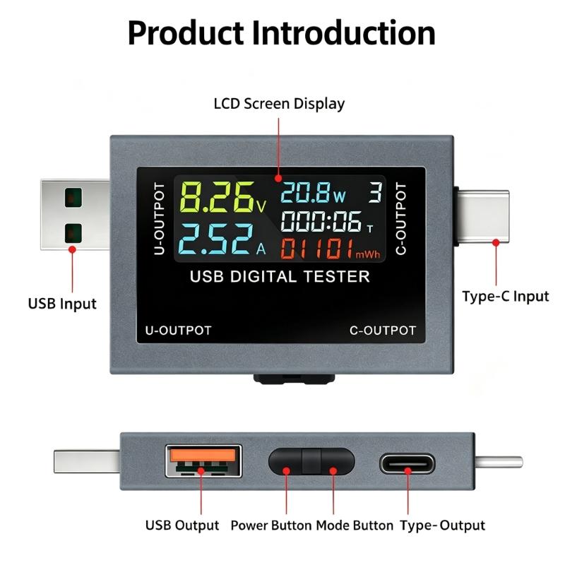 USB Electrical Meter with Automatic Fast Charging Protocol Identification, Color Measurement Screen, and Storage for Up to 9 Data Groups