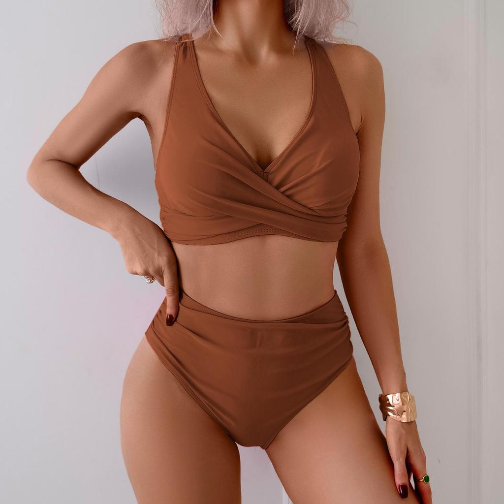 2026 Stylish European & American Solid Color High-Waisted Bikini Swimsuit