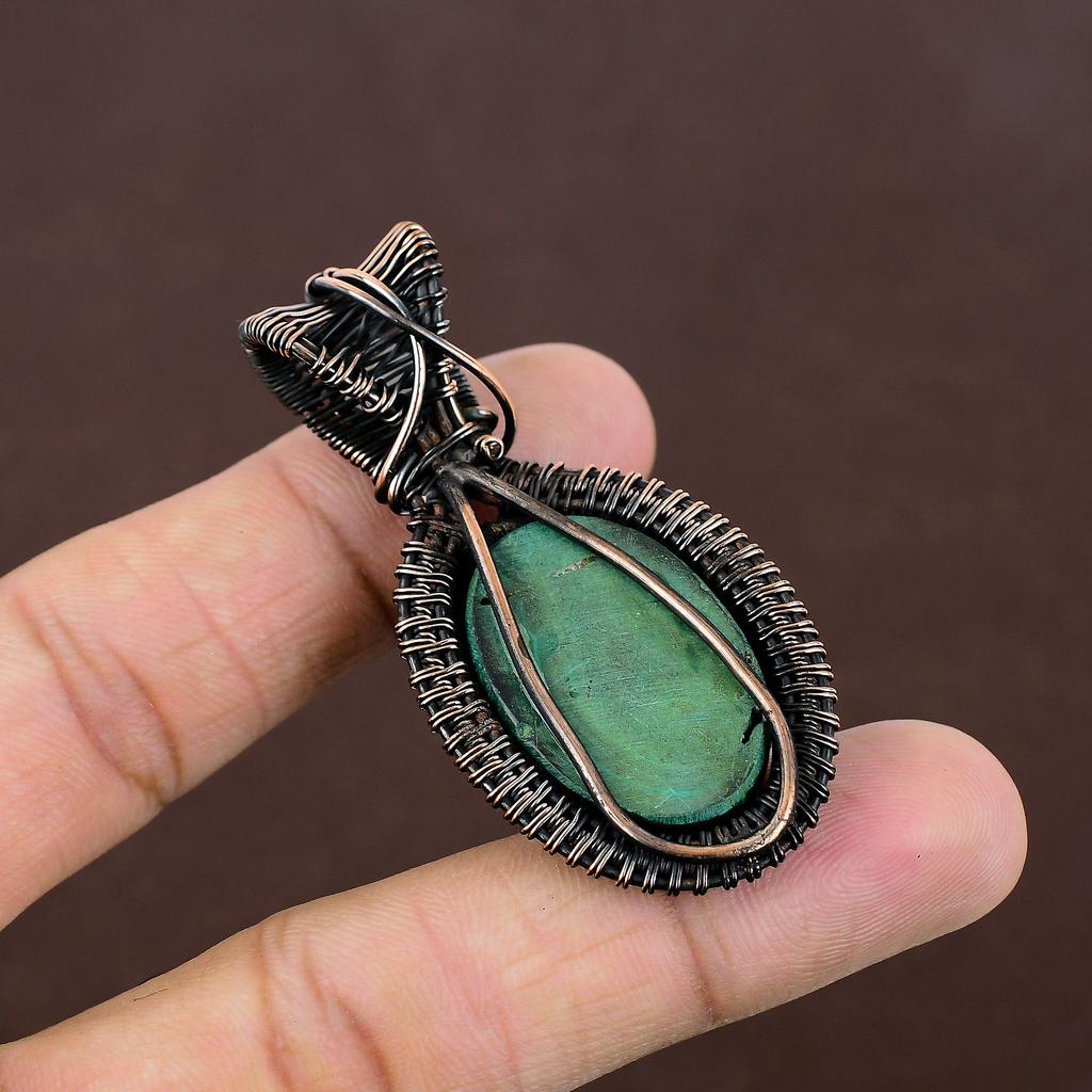 Natural Malachite,Moonstone Stone Handmade Copper Wire Wrap Pendant 2.36" R8E90