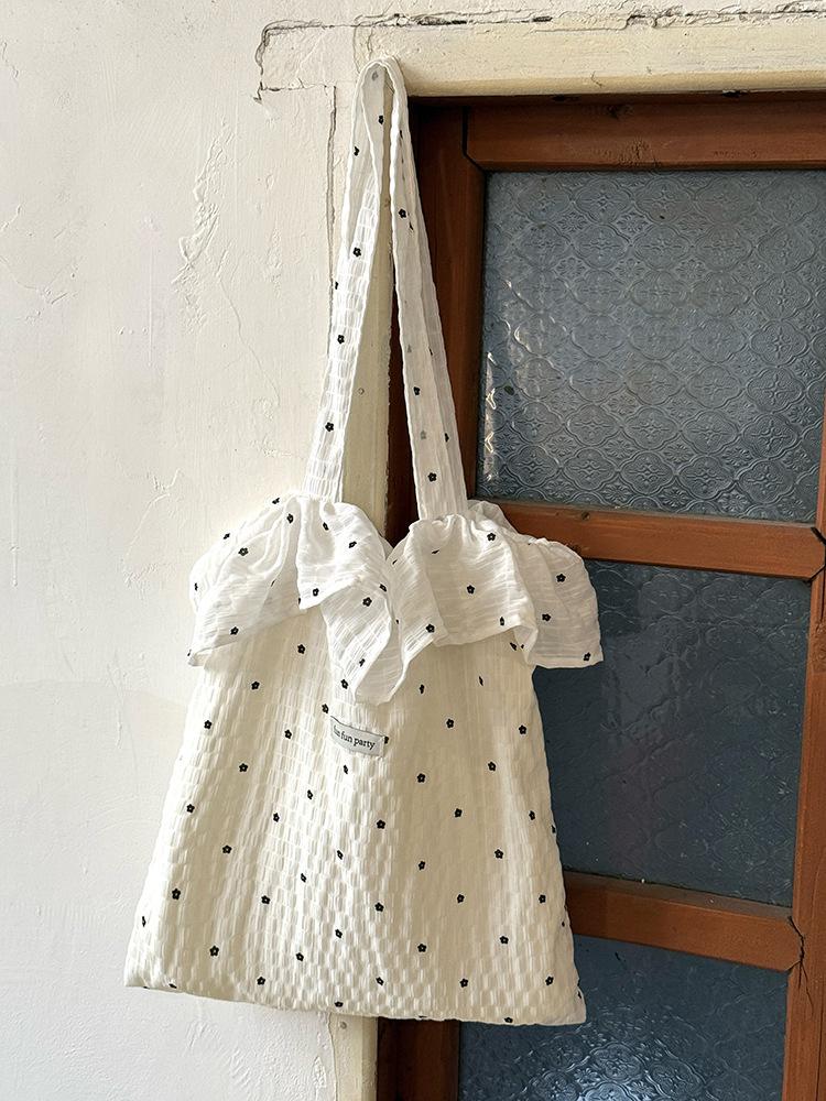 

Корейская холщовая сумка с принтом в горошек и в виде листьев лотоса, новая сумка-тоут через плечо большой вместимости с цветочным принтом, нишевая сумка-подмышка для通勤 белый