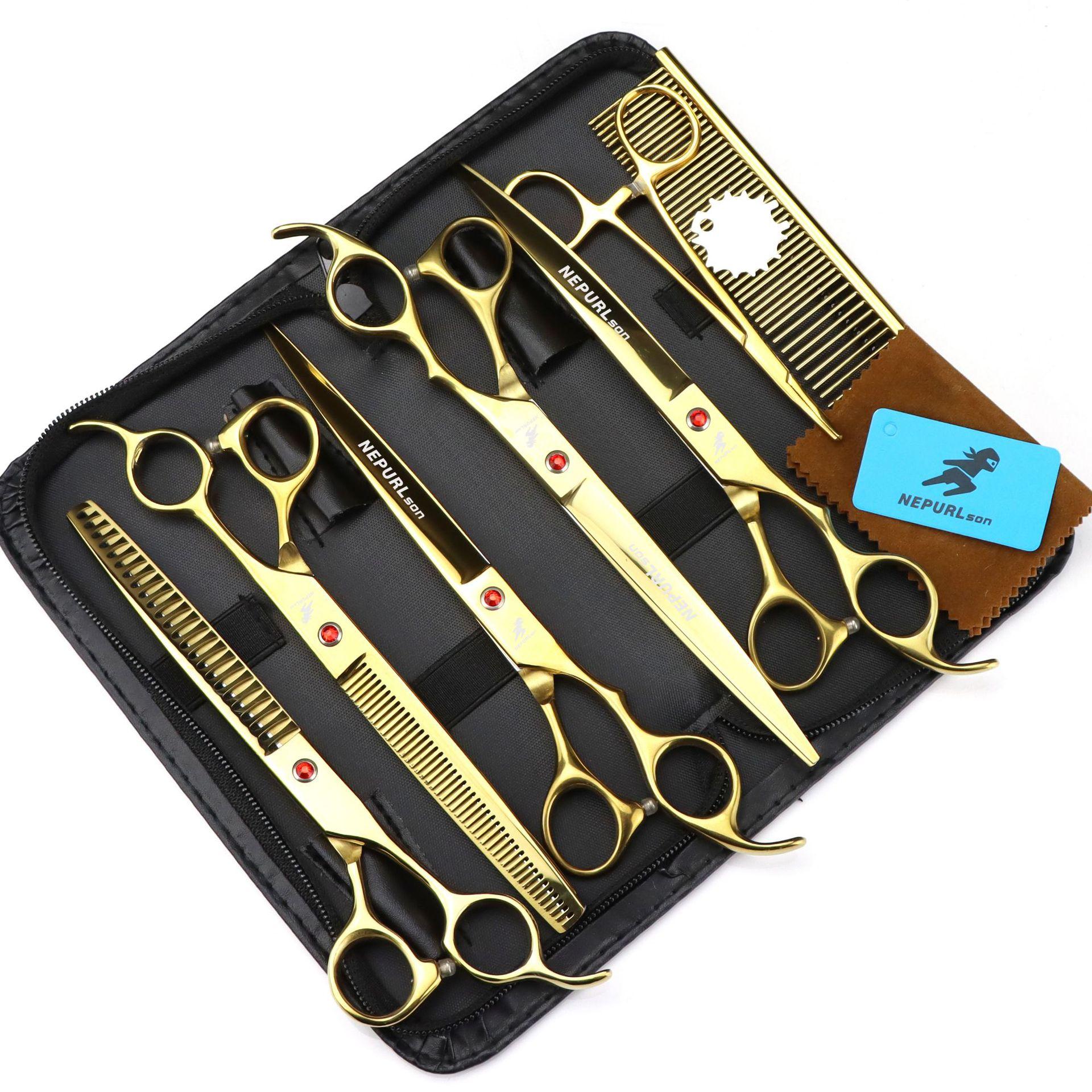 8.0 Inch Nimpson Gold 5-Pack, High-End Pet Grooming Scissors, Straight Scissors, Curved Scissors Pet Set 8.0inch gold 5-pack