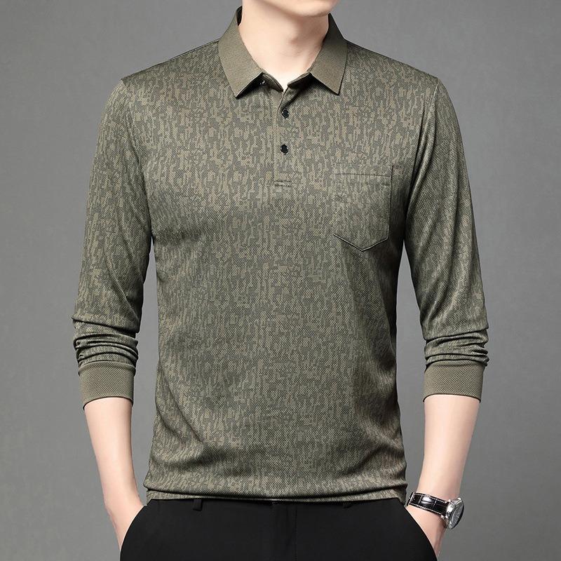 Mens Long Sleeve Jacquard Polo Shirt Business Casual Spring Autumn Top