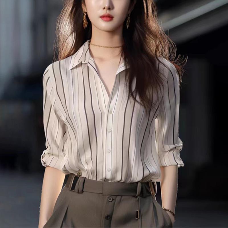 Elegant French Chiffon Top with High-End Striped Siren Style