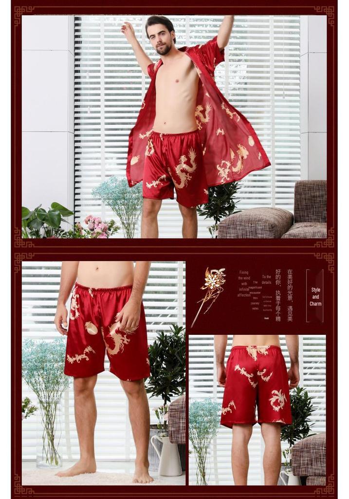 Summer Couple Silk Imitation Loungewear: Women's Nightgowns & Men's Bathrobes with Short Sleeves and Shorts.