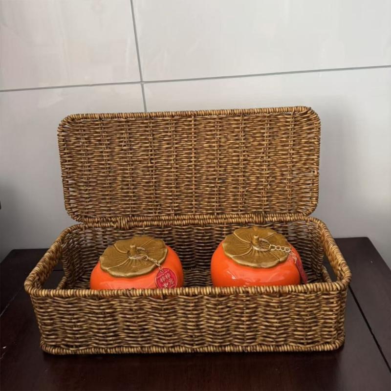 Rectangular Woven Storage Bin With Cover Plastic Storage Basket For Wine Present Packaging And Household Organization