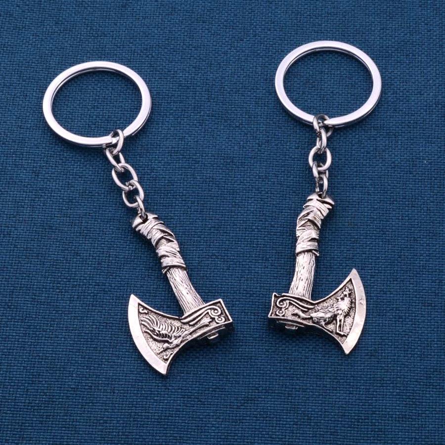 Viking Celtic Wolf & Raven Axe Rune Charm Keychain - Nordic Men's Pendant Ornament