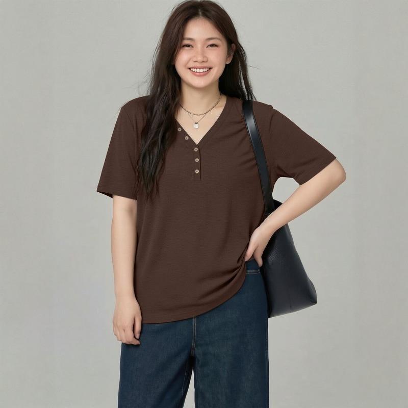 Plus Size Women V Neck Short Sleeve T Shirt Slimming Top