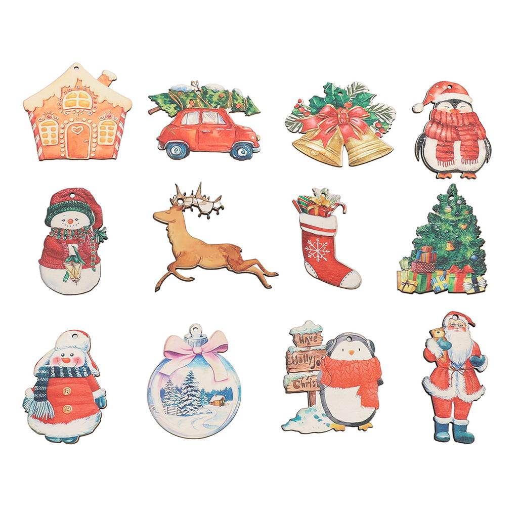 36pcs Xmas Hanging Ornaments Cute Wooden Snowman Elk Xmas Bell Hanging Decorations for Living Room