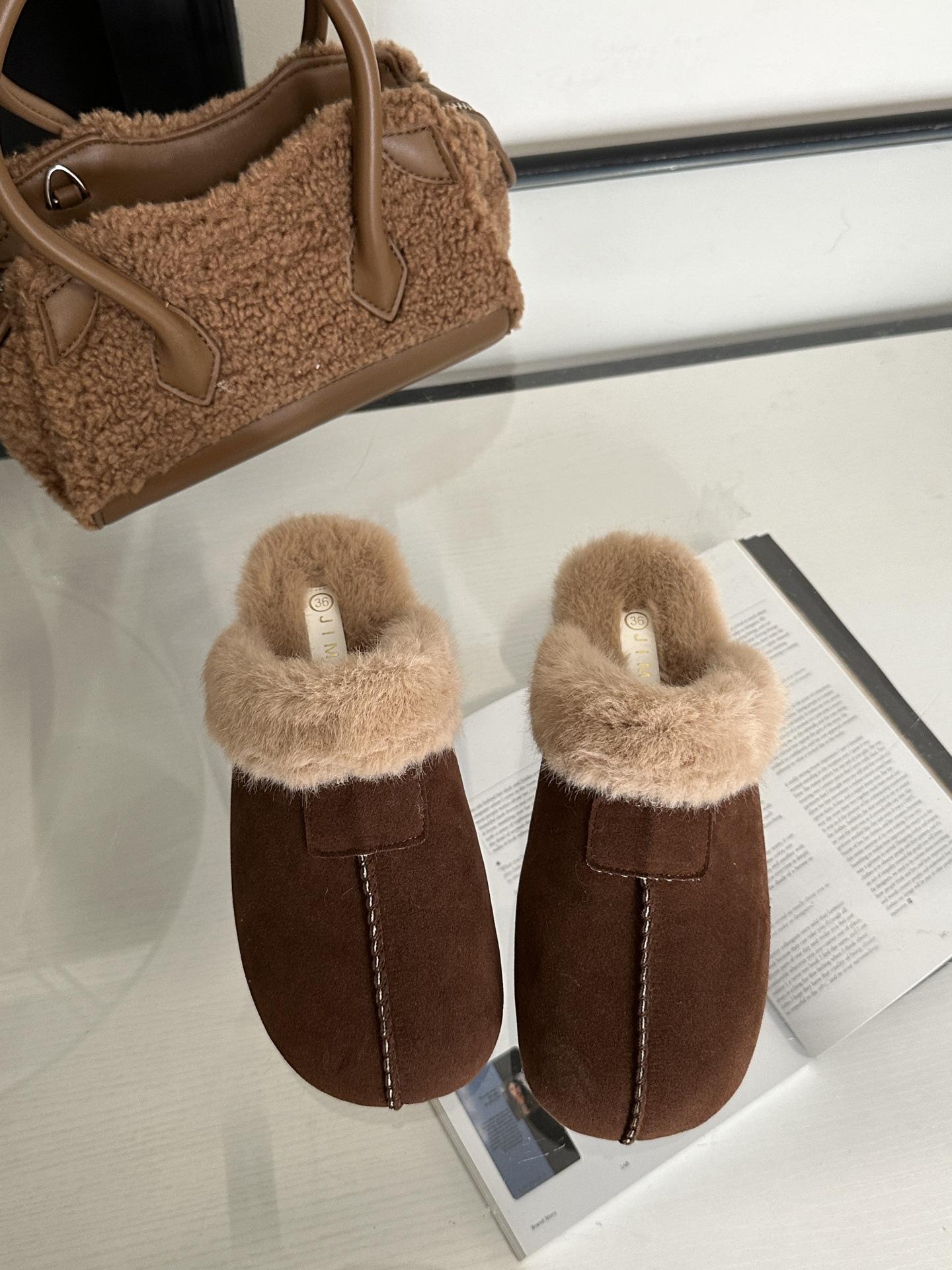 

Baotou slippers fleece warm cotton mop outdoor leisure 22 beautiful winter fluffy slippers 35 коричневый