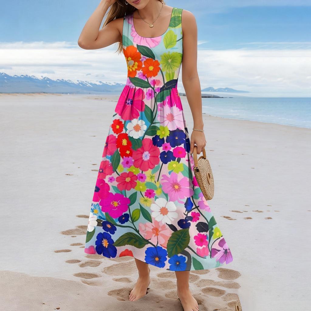 Ladies' floral summer casual and fashionable sleeveless long dress