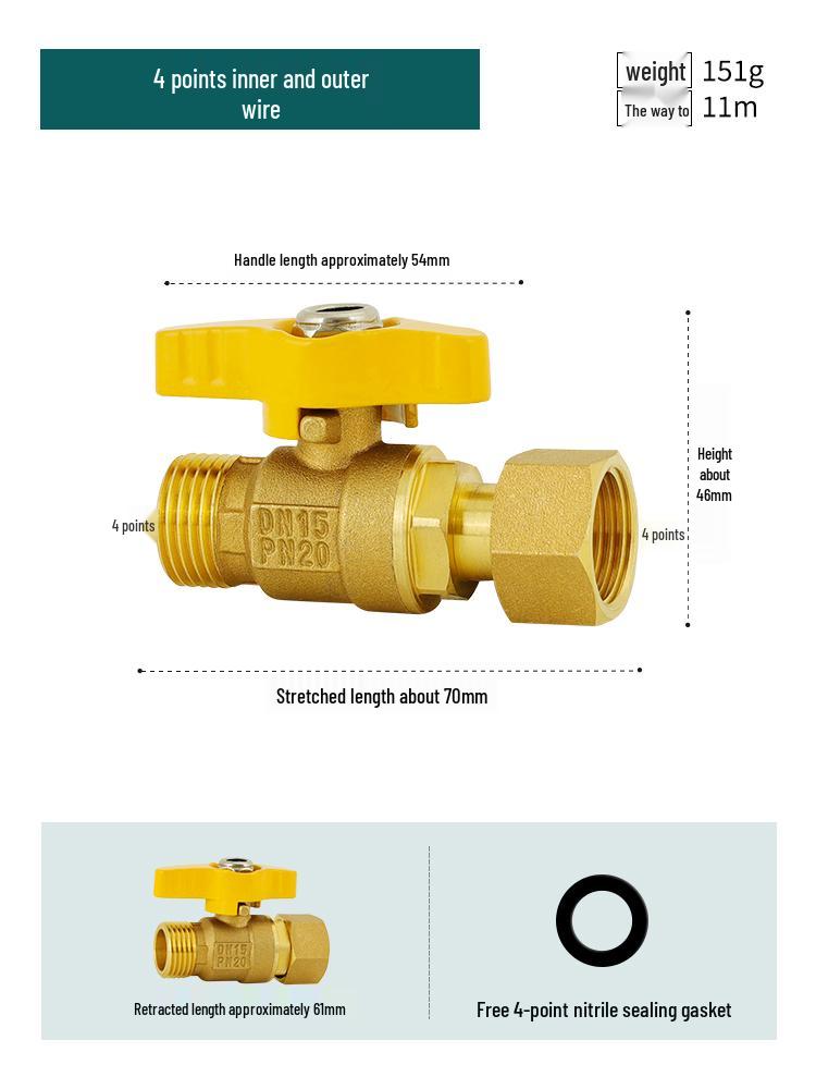 Full Copper Water Heater Union Ball Valve, Male/Female Thread, 6 to 4 Points Large Flow for Wall-Hung Boiler