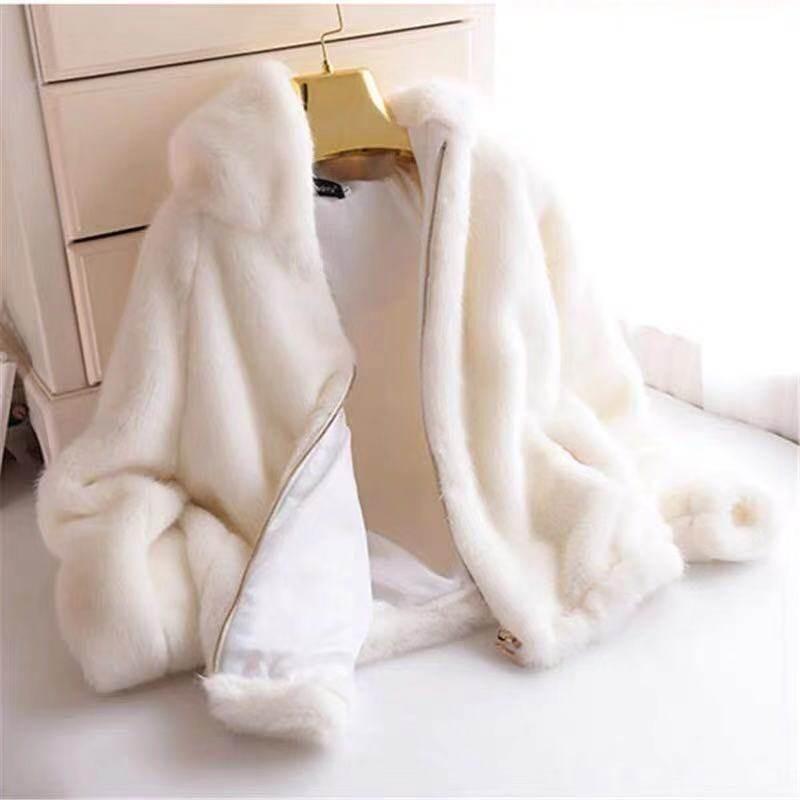 Jacket women's short autumn and winter new imitation rabbit fur loose plush thickened hooded cardigan sweater