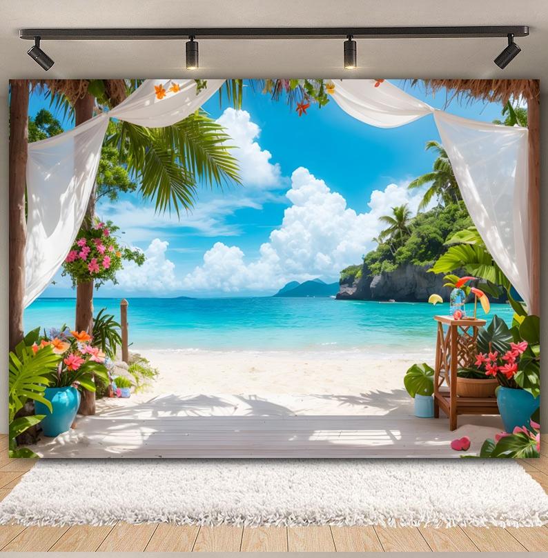 Hawaiian Summer Seaside Backdrop for Photography Tropical Beach Palm Tree Surfboard Baby Birthday Holiday Party Photo Background
