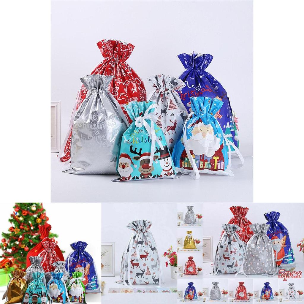 Adorable 5pcs Christmas Sacks Reusable Drawstring Gift Bags For Kids' Gifts