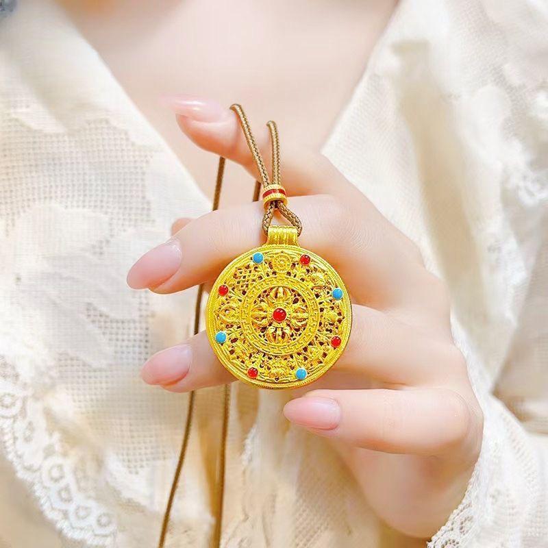 Gold-Plated Enamel Vajra Treasures Compass Amulet Necklace - Women's Good Luck Accessory