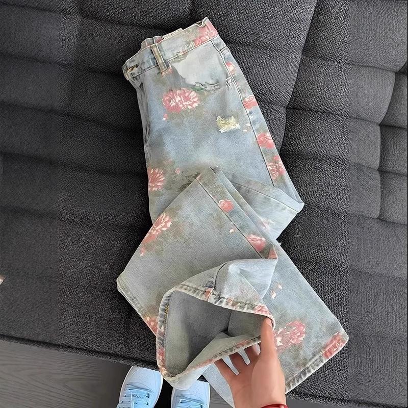 JYL Women's Straight Jeans Floral Printed Summer Niche Ripped Slim High-Waist Denim