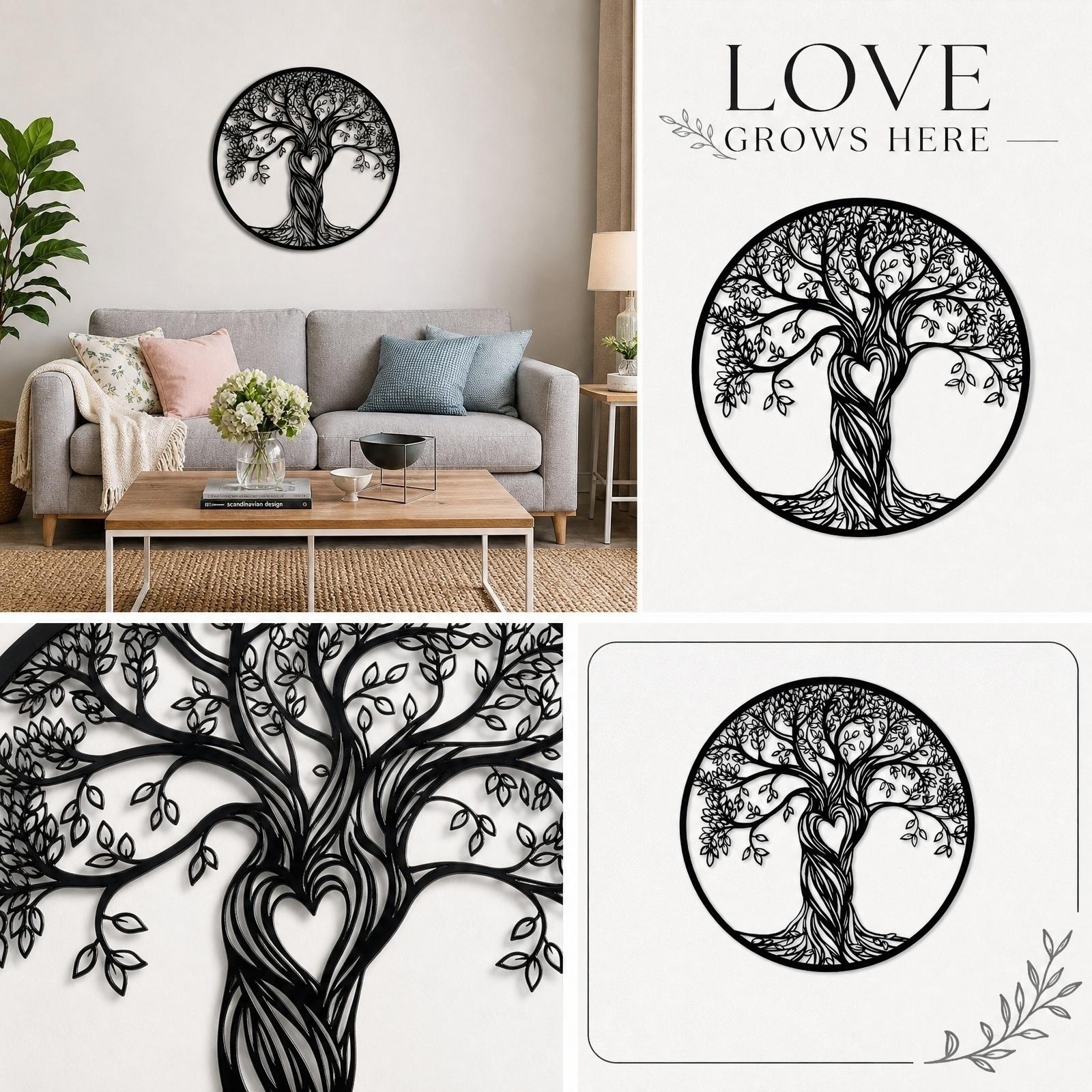 Metal Wall Art Tree of Life Silhouette Heart Shape Design Round Iron Wall Hanging Decorative Sculpture for Indoor Outdoor Use one size чёрный
