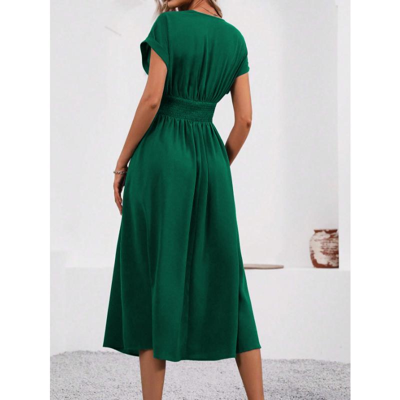 New Women's Elegant Solid Color Batwing Sleeve Maxi Dress, Overlap V-Neck Waist Pleated Long Dress for Summer Casual & Formal Occasions