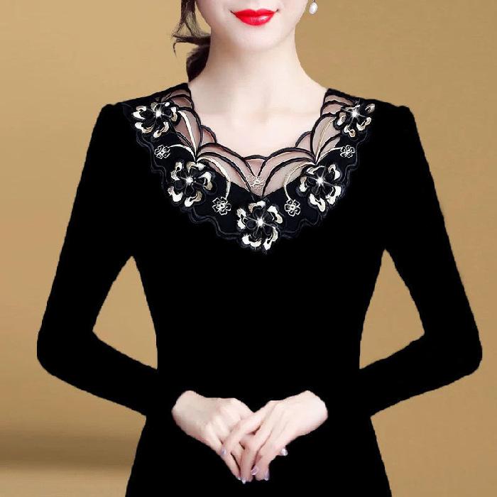 Maglietta a maniche lunghe in pizzo nero da donna autunno inverno, taglie forti, parte superiore interna