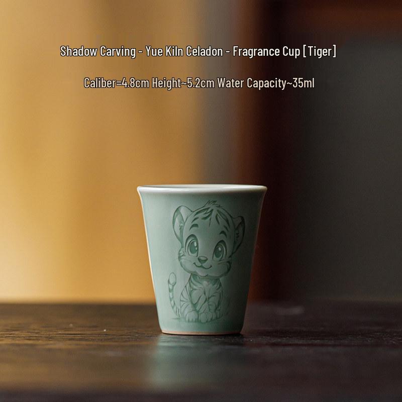 Guanlan Yue Celadon Shadow Carved Zodiac Tea Cup - High-Grade Ceramic Masterpiece for Aroma and Tea Tasting