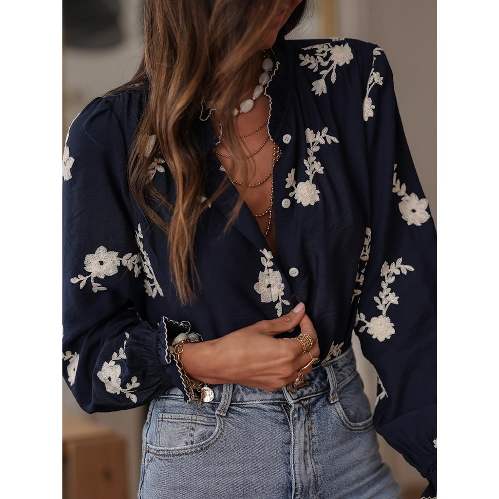 Fall Winter Women's Long Sleeve Printed Blouse, Turn-down Collar Lantern Sleeve Shirt, European American Style Outerwear Crossborder Top