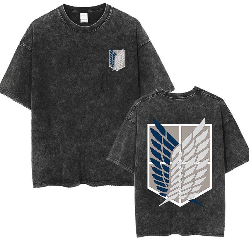 2026 Vintage Gewaschenes T-Shirt Mann Attack on Titan Damen Kurzarm-T-Shirt Streetwear Anime-Print Sommer Y2k Übergroße Lässige Oberteile