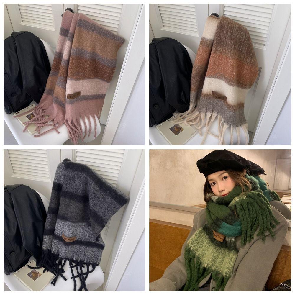 Korean Style Women's Cashmere Shawl Thickened Winter Scarves Fashion Knitted Stripe Scarf  Girls