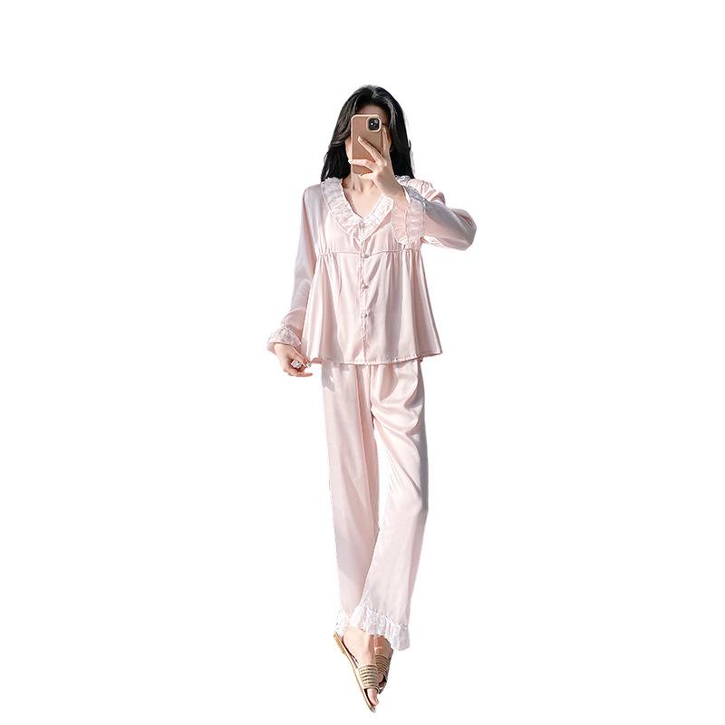 Spring and Summer New Pajamas Women's Long-sleeved Trousers Set, Home Simulation Silk V-neck Comfortable and Breathable Thin Pajamas Set