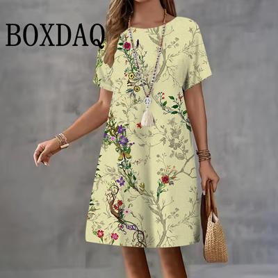 Damska letnia sukienka wakacyjna w kwiaty z nadrukiem 3D, codzienna z okrągłym dekoltem, z krótkim rękawem, retro midi, Vestido, modna sukienka plażowa, luźna odzież