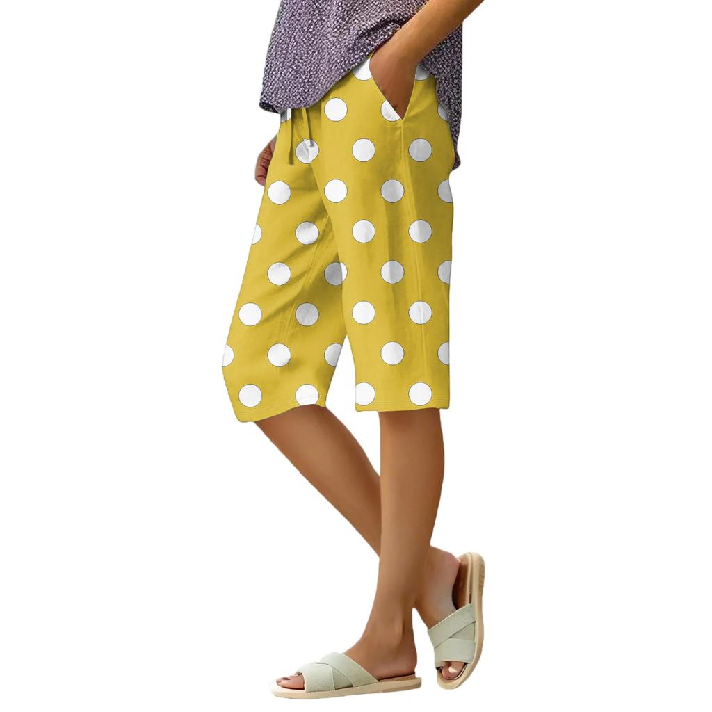 Women's Summer Gradient Floral Polka Dot Print Knee-Length Lightweight Elastic Waist Casual Pocket Shorts