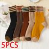 5 Pairs Women's Autumn Winter Thicken Mid-tube Socks Striped Warm Comfortable Socks Floor Socks
