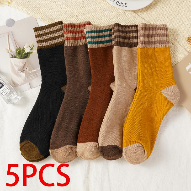 5 Pairs Women's Autumn Winter Thicken Mid-tube Socks Striped Warm Comfortable Socks Floor Socks