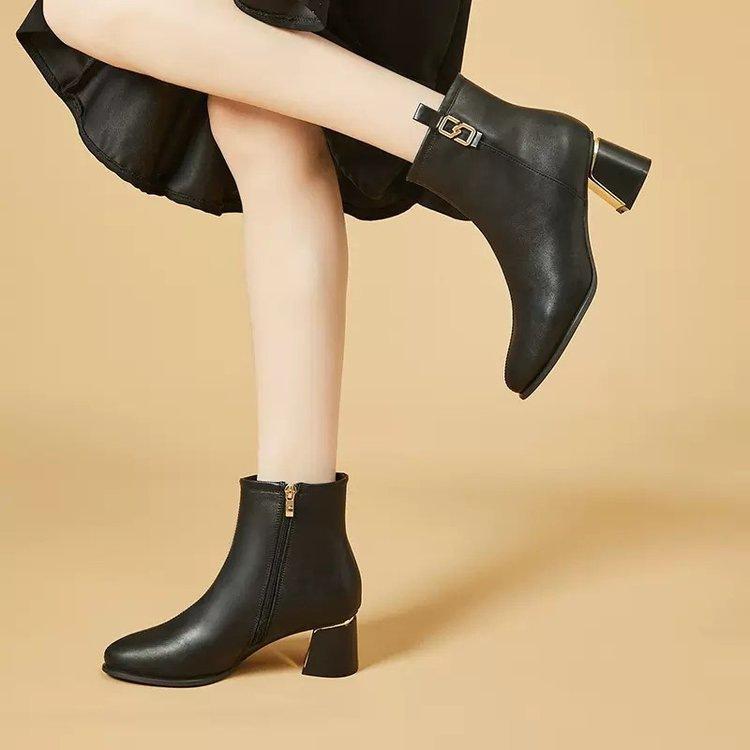 French thick heel thin boots 2025 autumn and winter new short leather single boots soft leather small short boots women's medium high heel Martin boot