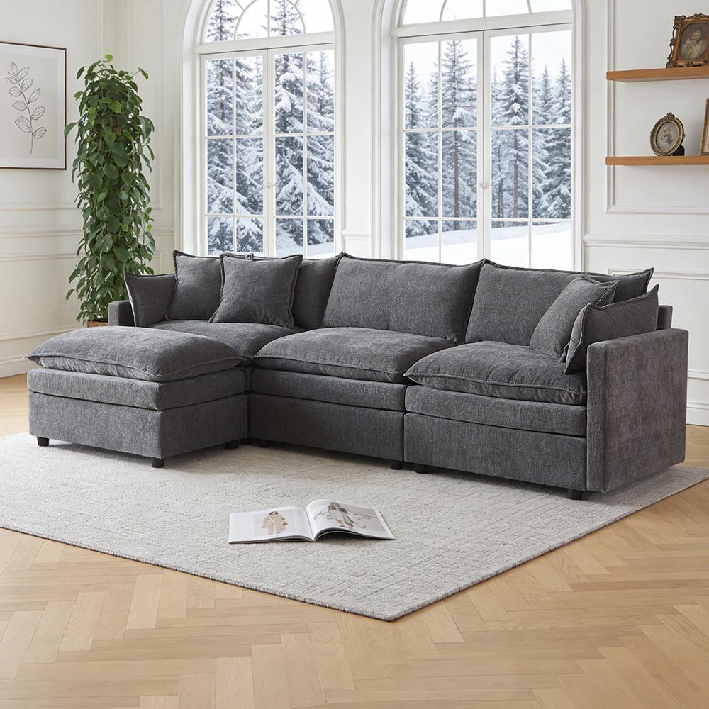 Ultra-weiches Modulsofa, aus Chenille und Massivholz, schneller Aufbau