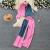 Women's Color Block Denim Patchwork Hoodie and Wide Leg Pants 2 Piece Casual Streetwear Set