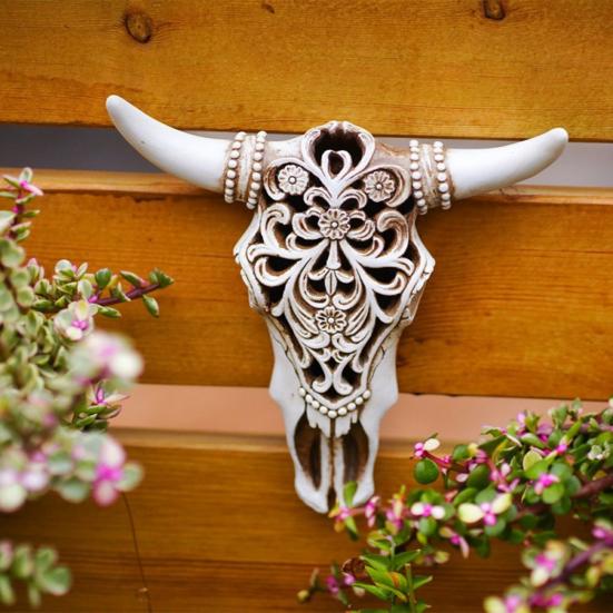 Retro Bull Skull Ornament Resin 3D Hollow Bull Skull Wall Sculpture Longhorn Cow Head Wall Art Decor for Living Room