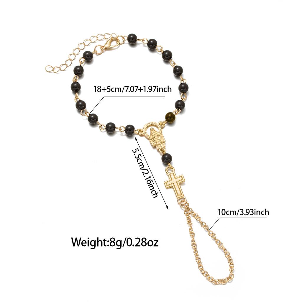 Women's Cross Finger Bracelet, Religious Style Beaded Back Hand Chain, Dark Style Niche Accessory