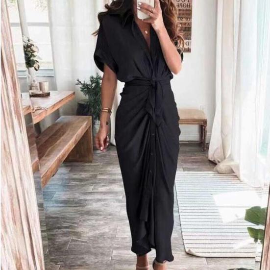 Short Sleeve Maxi Dress High Waist Women Buttons Solid Color Draped Tunic