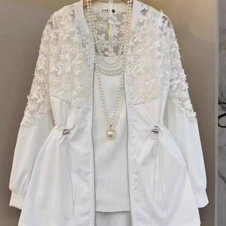 

Летняя ветровка большого размера для женщин, полных сестер, в западном стиле, джокер, приталенная, с кружевной отделкой, пальто с длинным рукавом XXXL белый