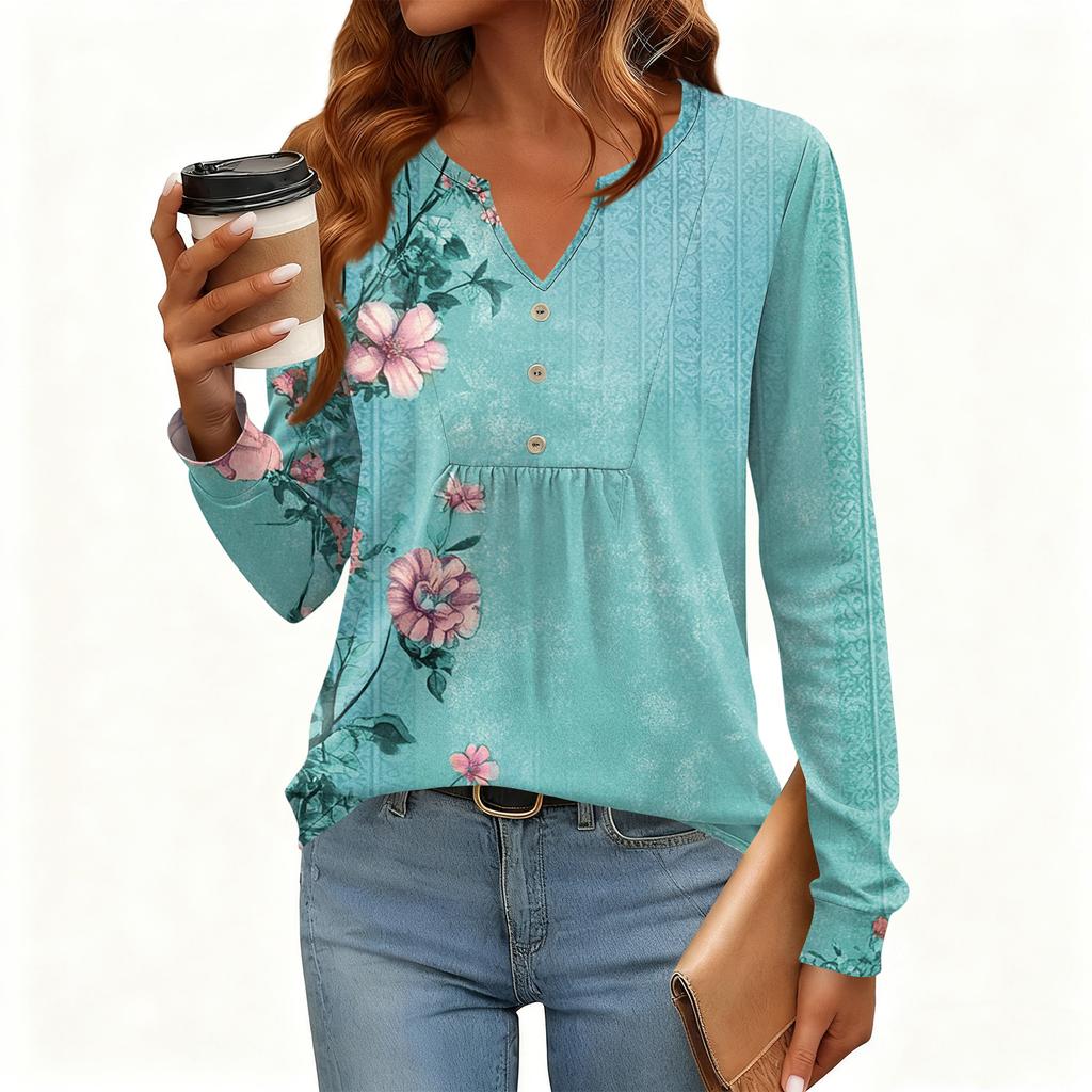 Γυναικείο Χαλαρό, V-λαιμόκοψη, Ρετρό Χρώμα, Μπλοκ με Φλοράλ Σχέδιο, Μακρυμάνικο Πουλόβερ T-shirt