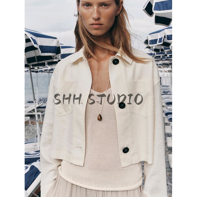 Summer New Product Women's Clothes Drop Shoulder Design Lapel Color Contrast Patchwork Sleeves Linen Blend Outwear 3906709