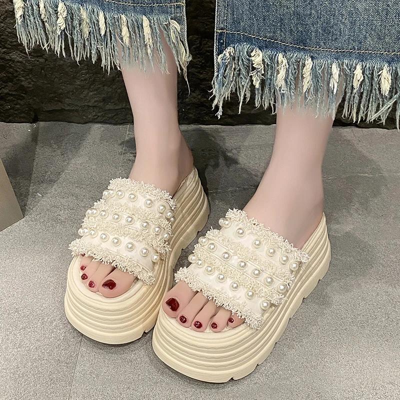 Fashion 8CM Summer High Platform Women Sandals Wedge Heels Slippers Fashion New Beach Outside Chunky Sandals Comfort Casual Slides Woman