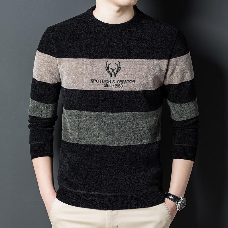 Pull en Molleton Chenille pour Homme Chaud Rayé Color-block Pull de Fond Épaississement Plus Velours pour Homme Hiver
