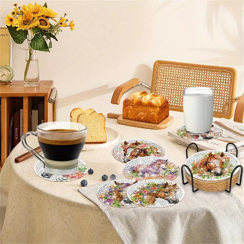 8 Pieces/set of Diamond Painted Horse Patterned Coasters, DIY Coasters with Holder, Suitable for Beginners and Adults, Art and Craft Supplies Gifts