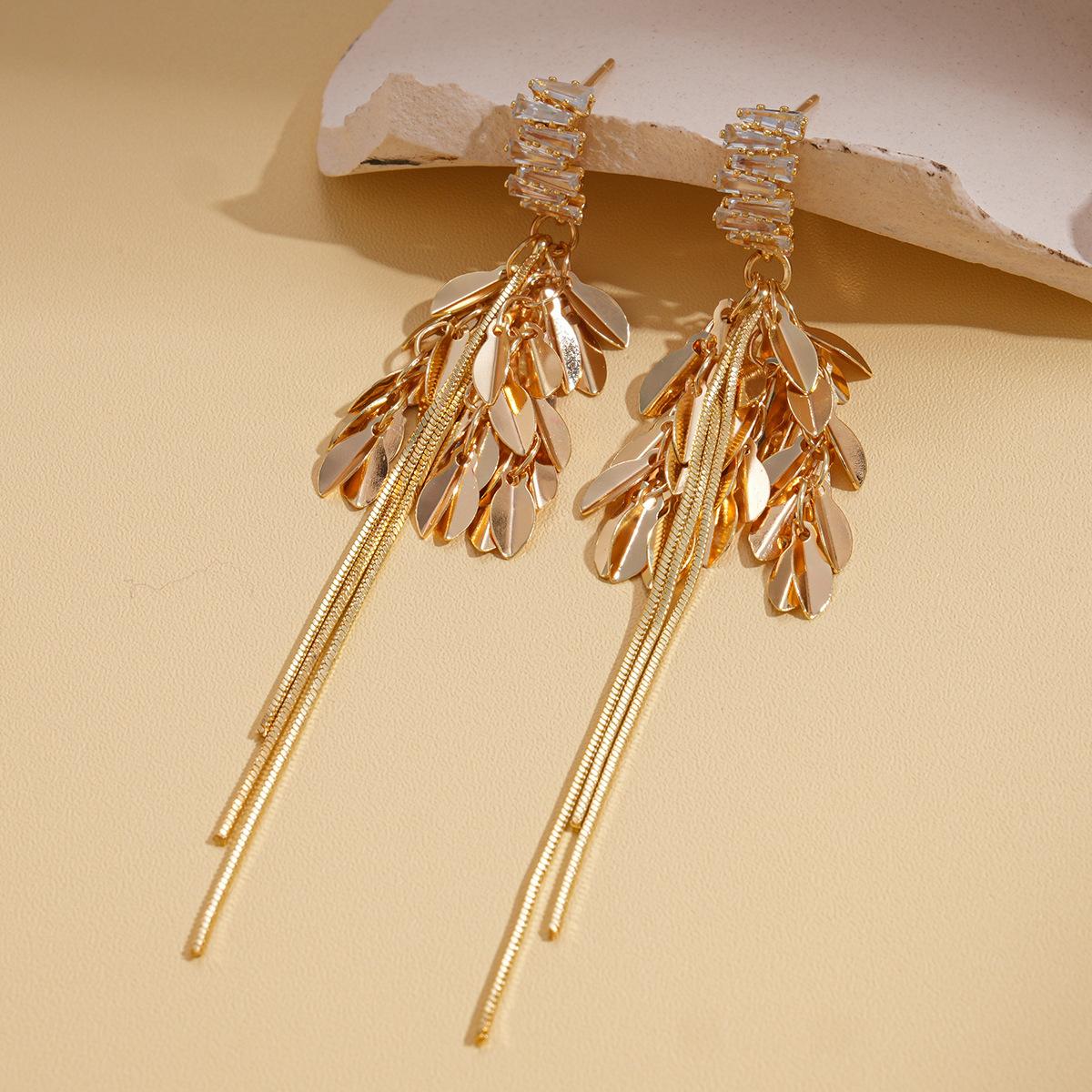 Vintage zircon leaf fringed silver needle earrings niche earrings