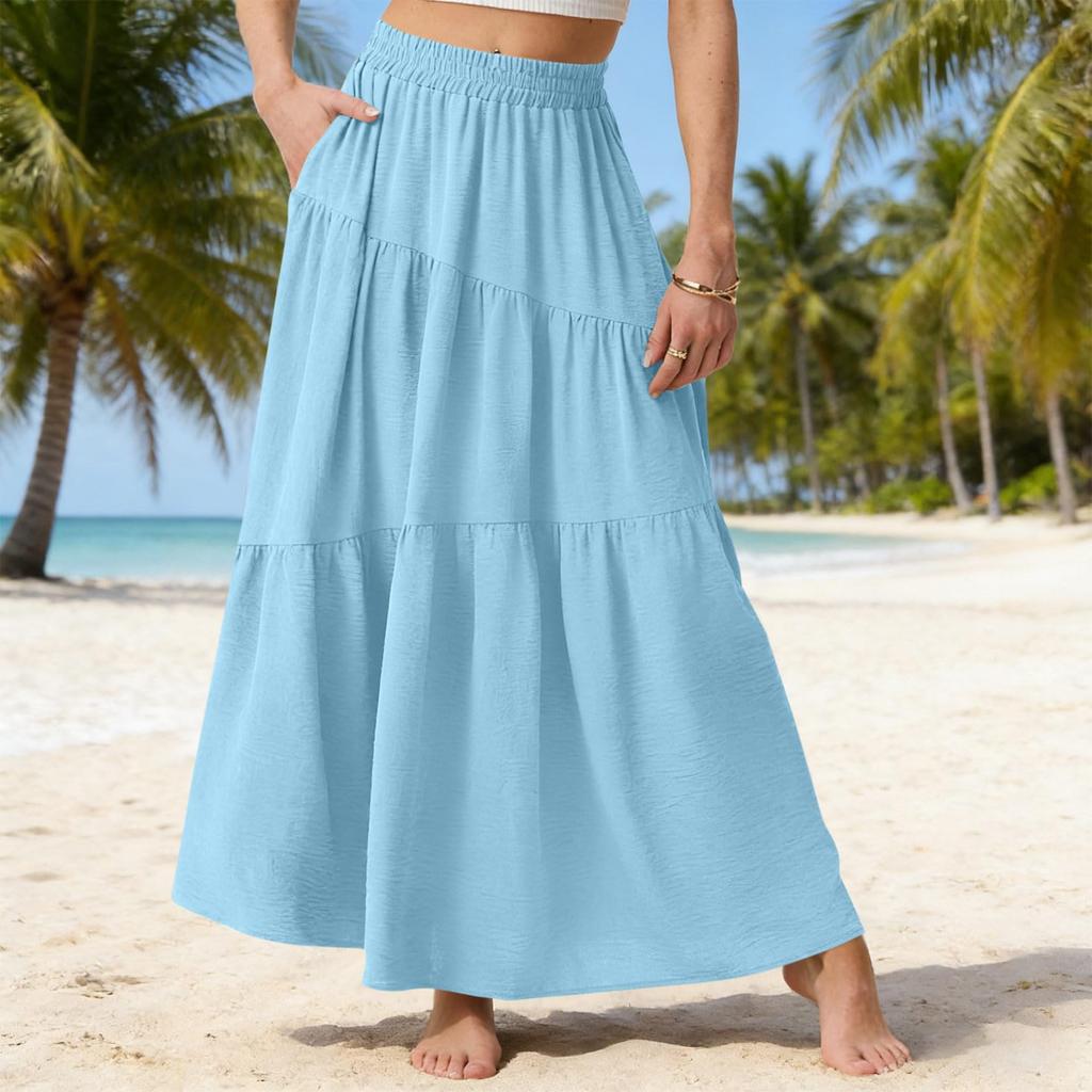 Women Casual Summer Loose Maxi Skirt Elastic Waist Lightweight Flowy Tiered Design Comfortable Daily Wear